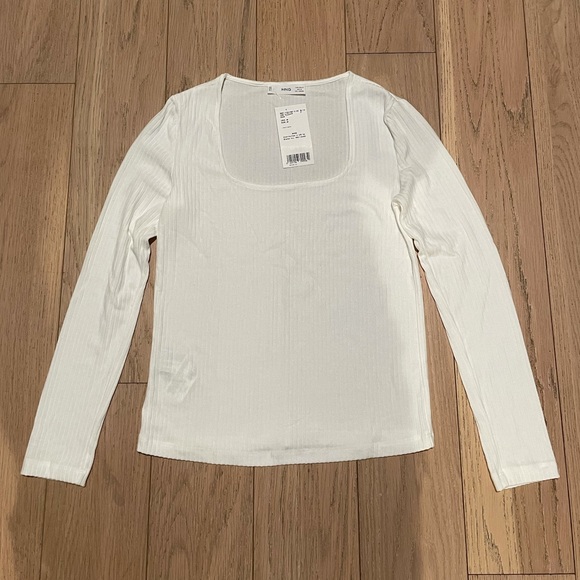 Mango Ribbed Long-Sleeved T-Shirt in Off White - Picture 1 of 11